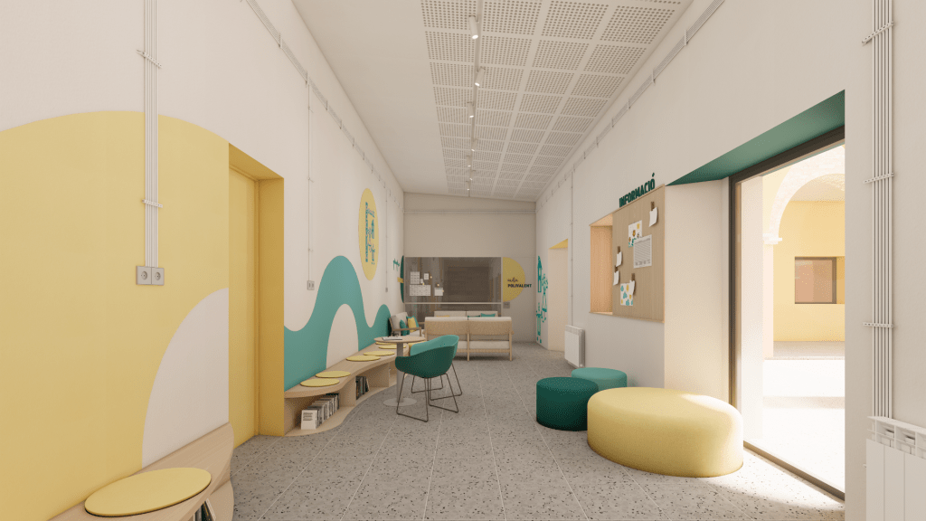 Biblioteca escolar abierta en pasillo con rincones de lectura acogedores