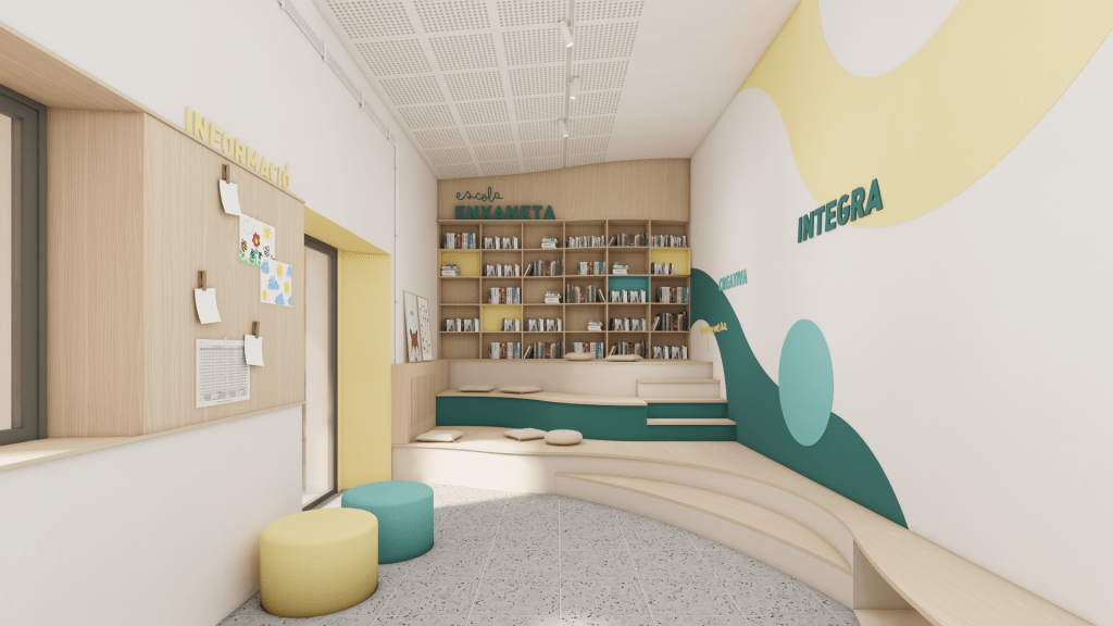 Espacio educativo con gradas y materiales fonoabsorbentes que mejoran la acústica en las aulas, creando entornos tranquilos y confortables en escuelas.