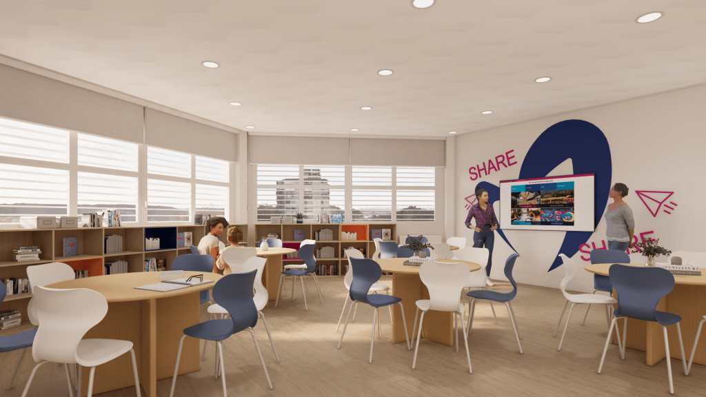 Aula escolar diseñada con criterios de acústica en las aulas, mobiliario flexible y soluciones acústicas que favorecen la concentración y el aprendizaje en escuelas.