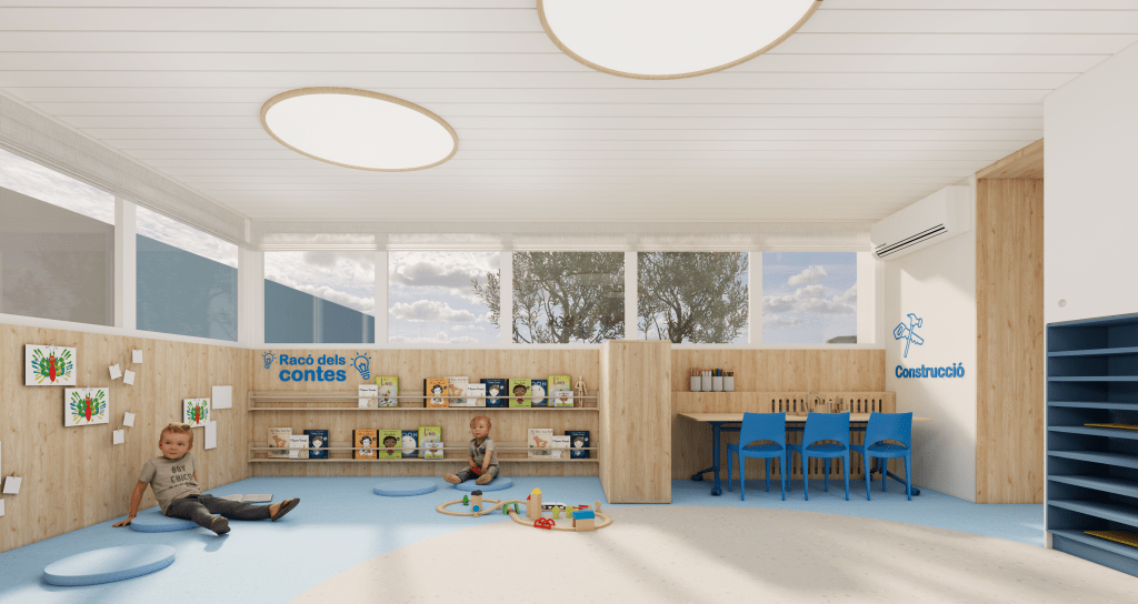 Aula infantil luminosa con rincones de actividad que favorecen el aprendizaje autónomo dentro de espacios educativos flexibles pensados para diferentes dinámicas.