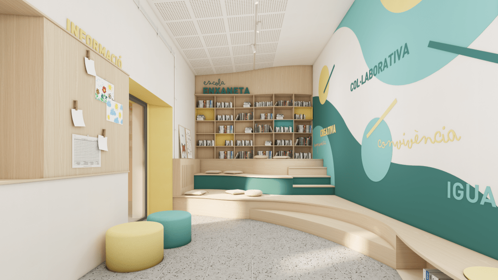 Rincón acogedor de lectura dentro de la biblioteca escolar Human.